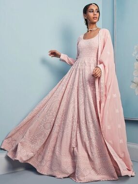 LASHKARAA NWT Blush Pink Embroidered 3 Piece Anarkali Luxury Formal Gown XL 42